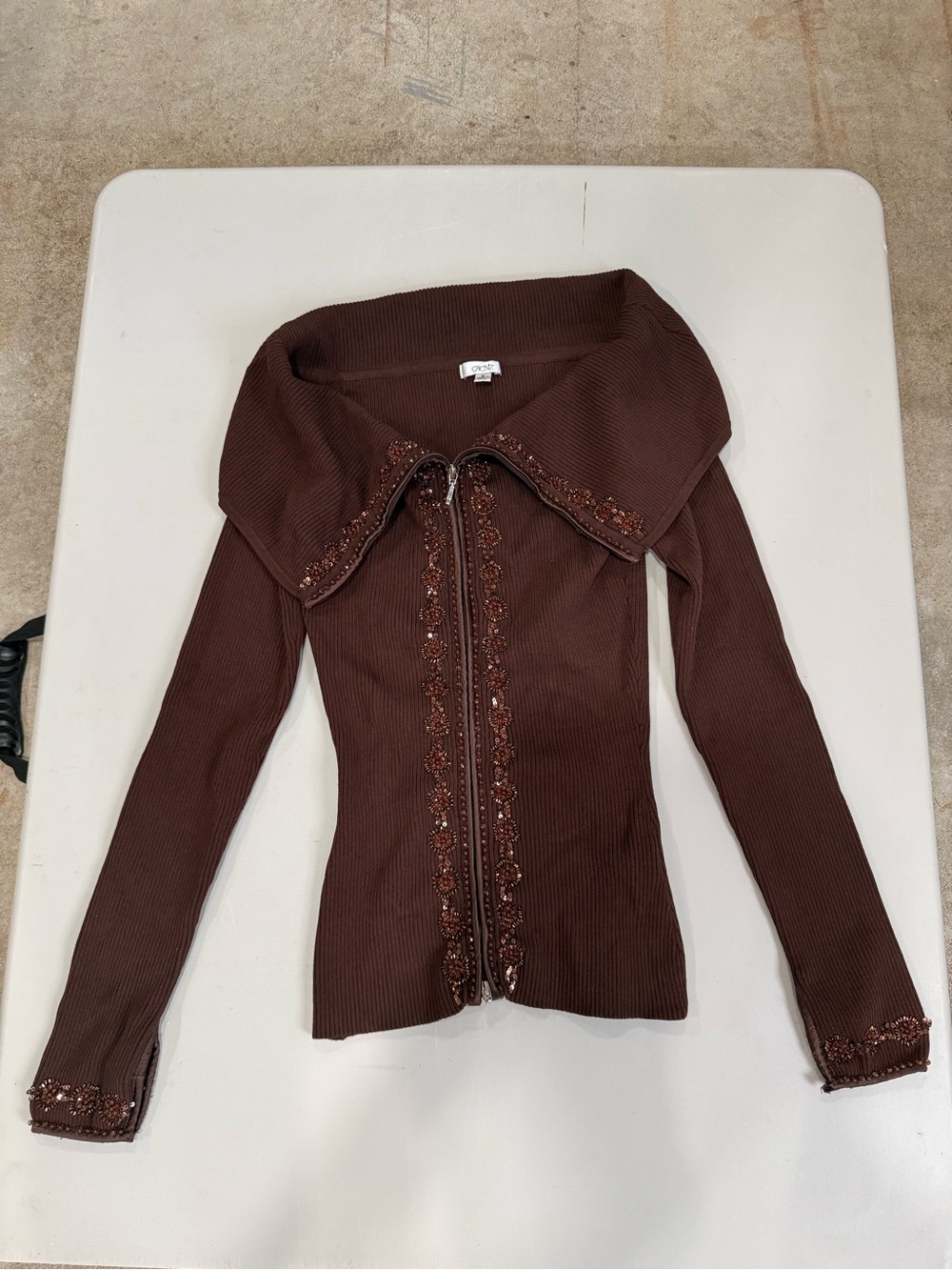 Vintage Y2K 90s Gabrielle Solis Cache Off Shoulder Beaded Brown Zip Up Sweater - Picture 2 of 7